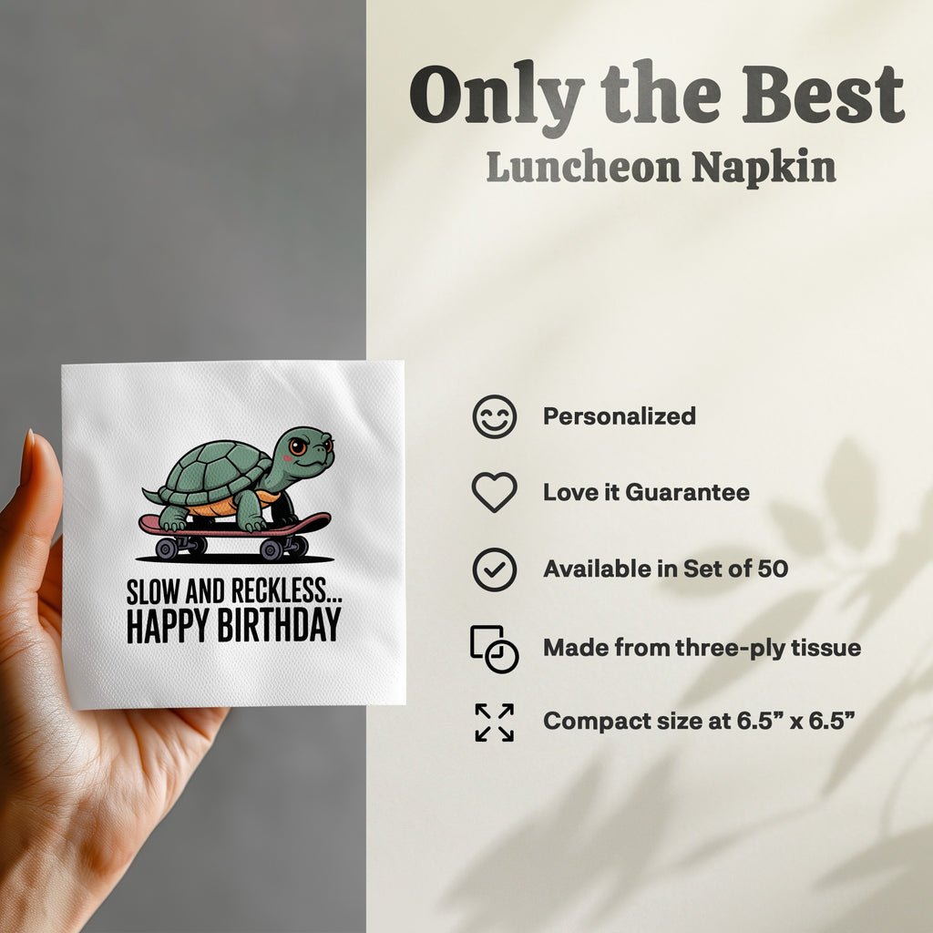 Napkin with a cartoon turtle on a skateboard and "Happy Birthday" text.