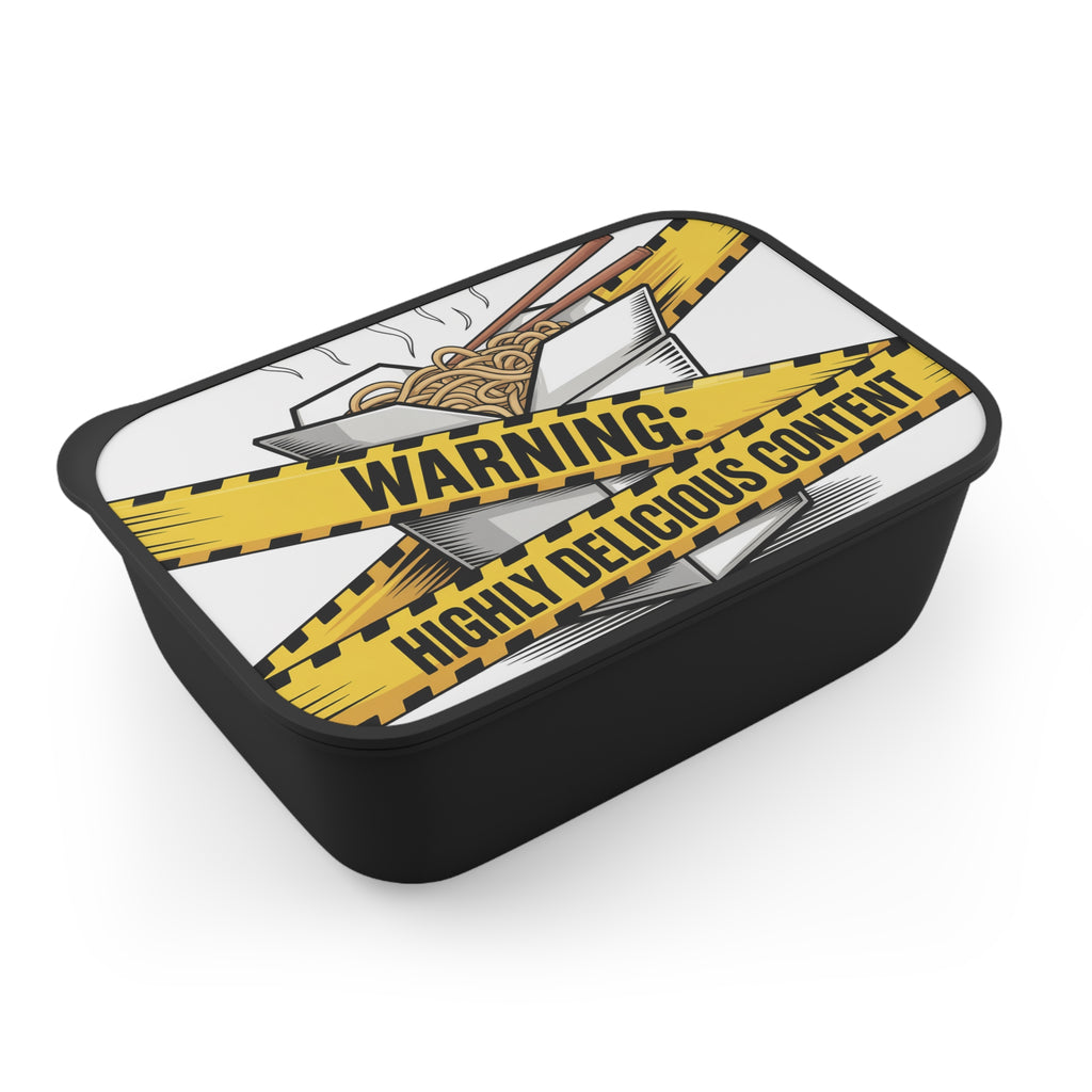 Black lunchbox with caution tape and "WARNING: HIGHLY DELICIOUS CONTENT" text.