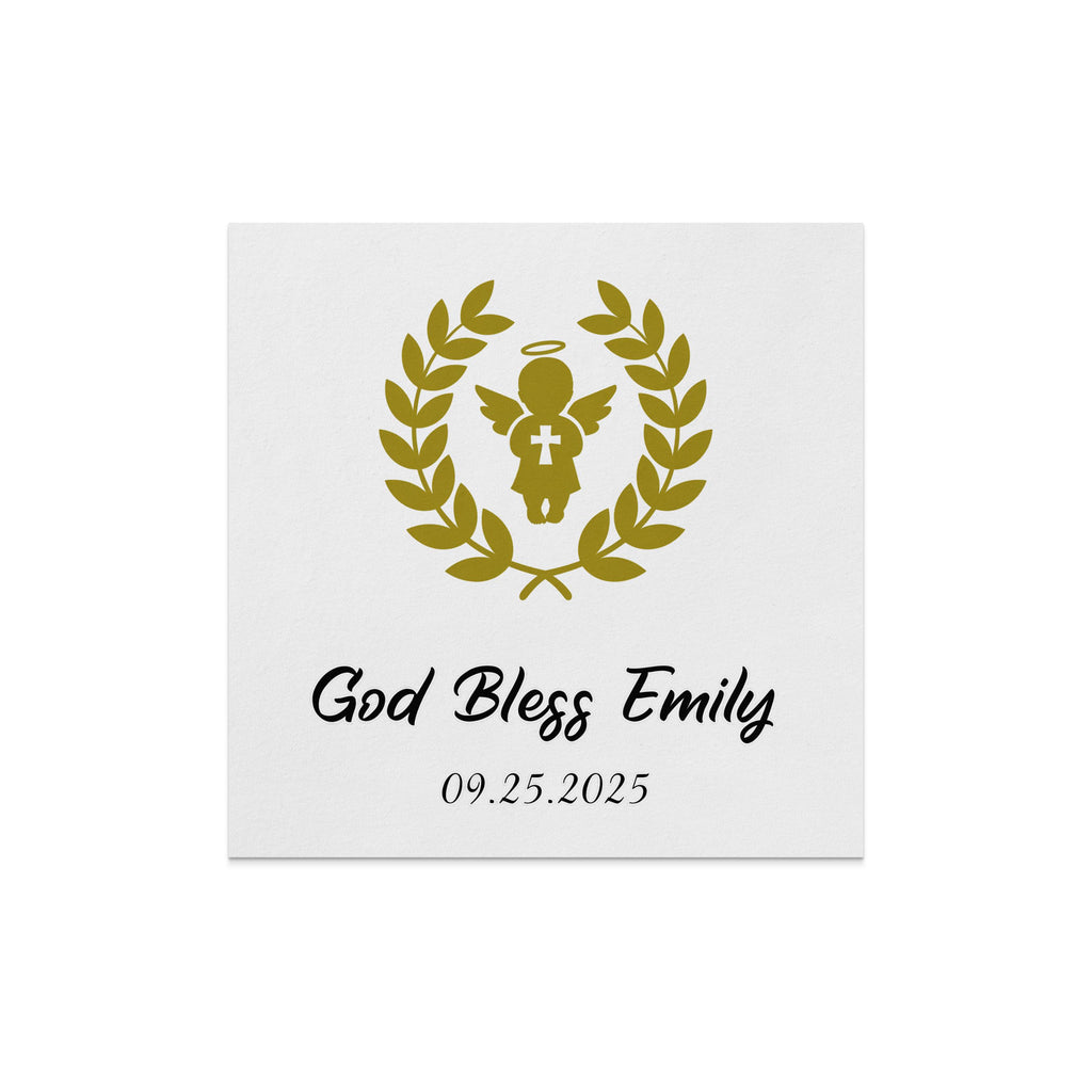 Gold angel with laurel wreath above "God Bless Emily" and date.
