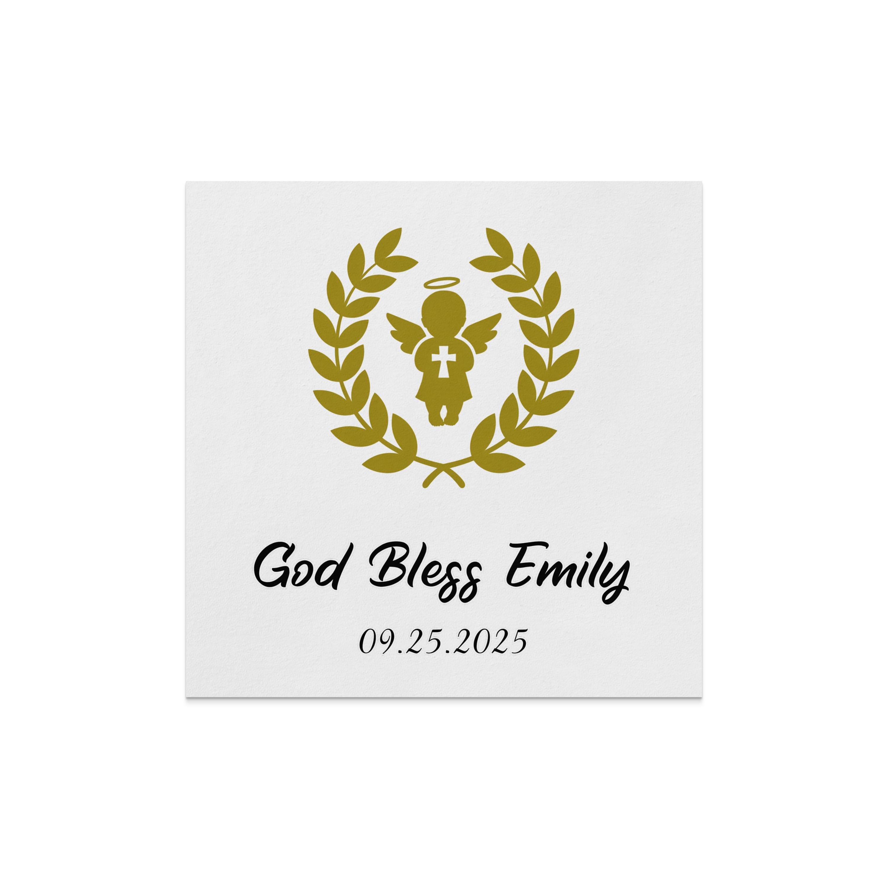 Gold angel with laurel wreath above "God Bless Emily" and date.