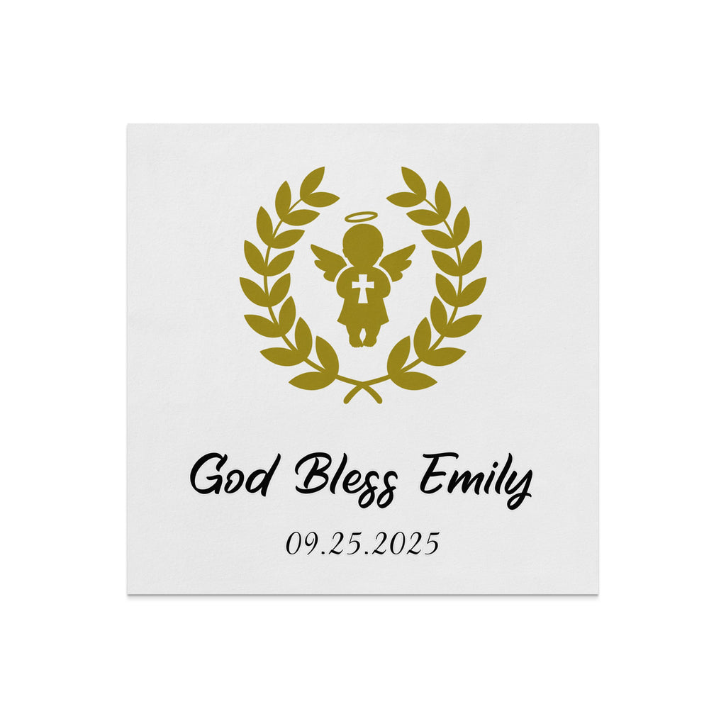 Gold angel with wreath and text "God Bless Emily 09.25.2025".