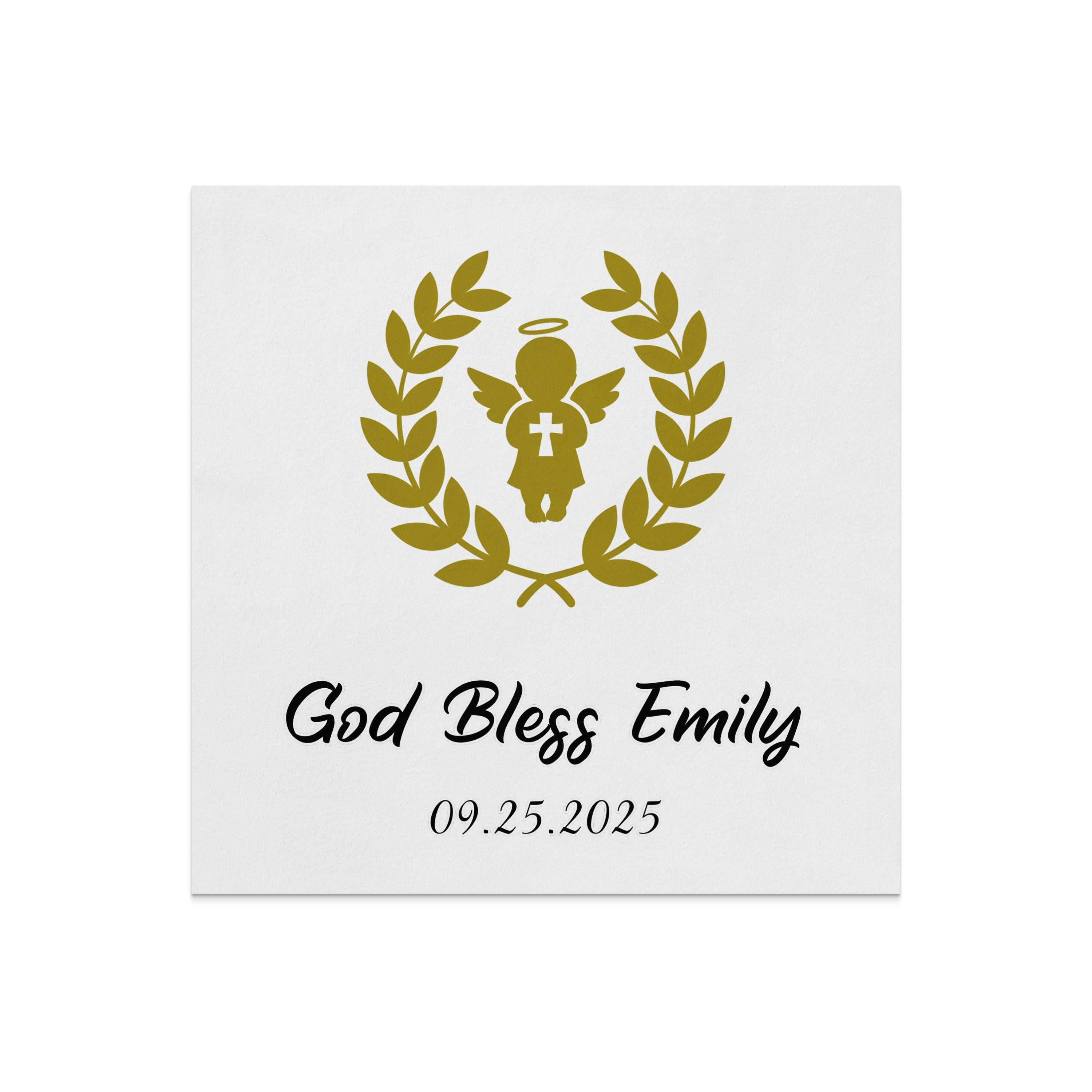 Gold angel with wreath and text "God Bless Emily 09.25.2025".