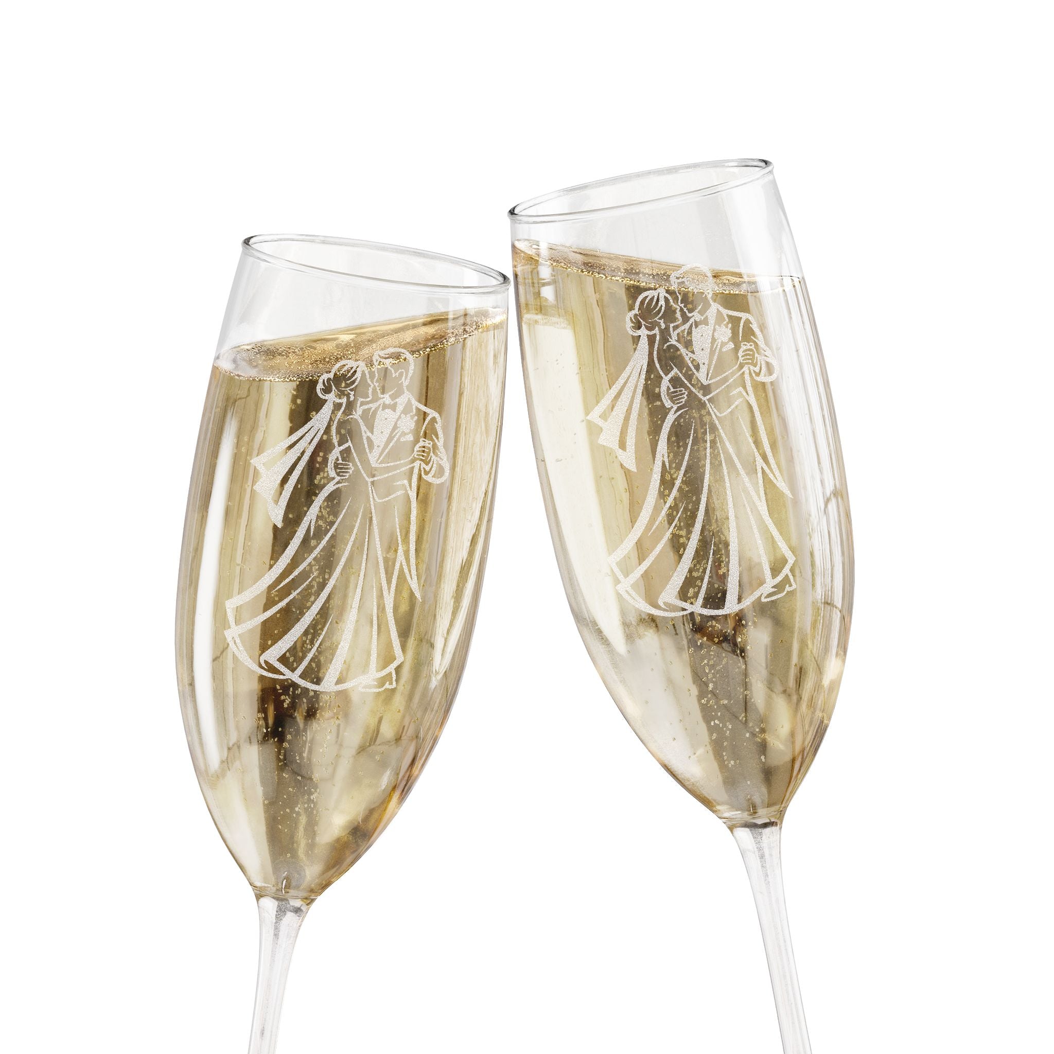 Two champagne flutes clinking, etched with a bride and groom design.