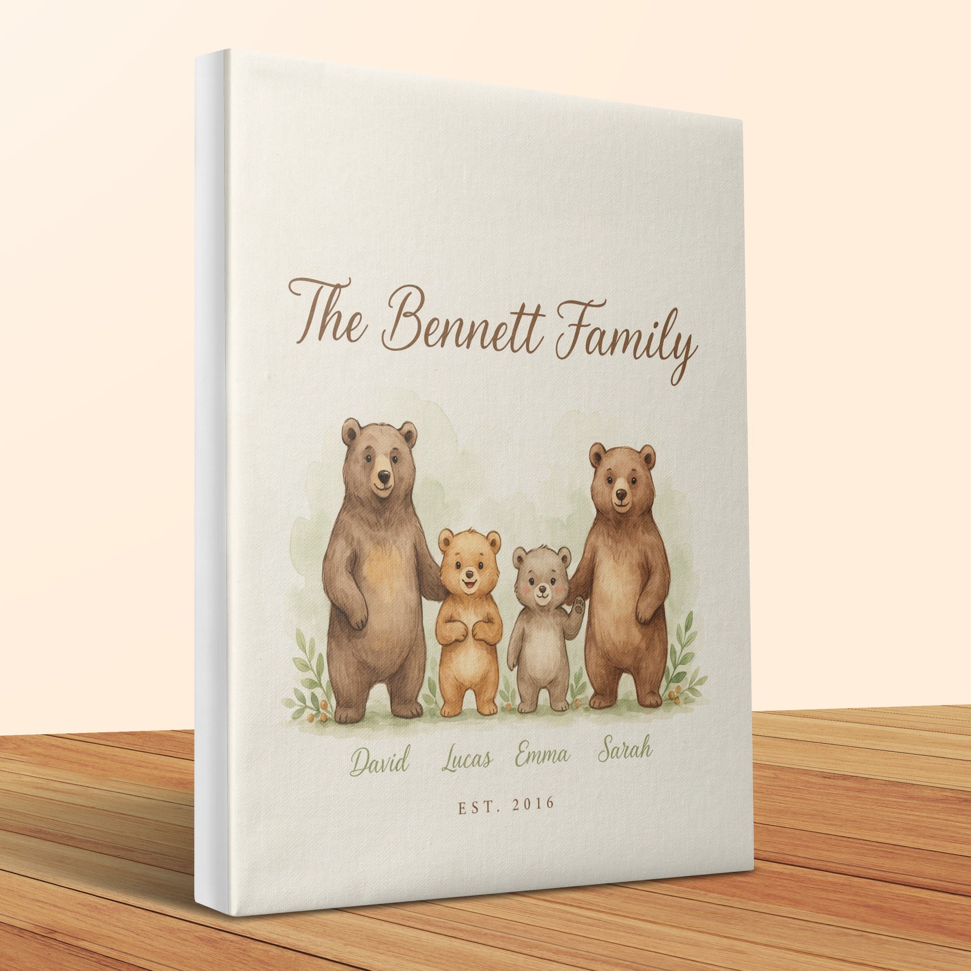 Family portrait with watercolor bears and names "David, Lucas, Emma, Sarah" and "Est. 2016".