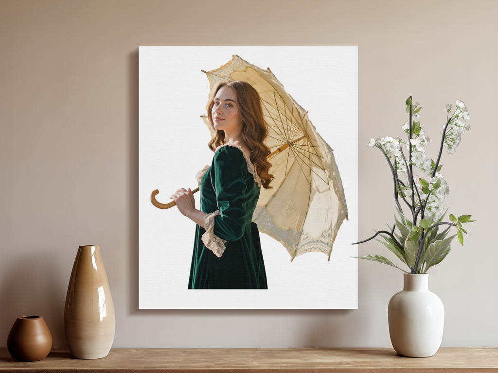 Woman in green velvet dress holding antique lace parasol, canvas art.