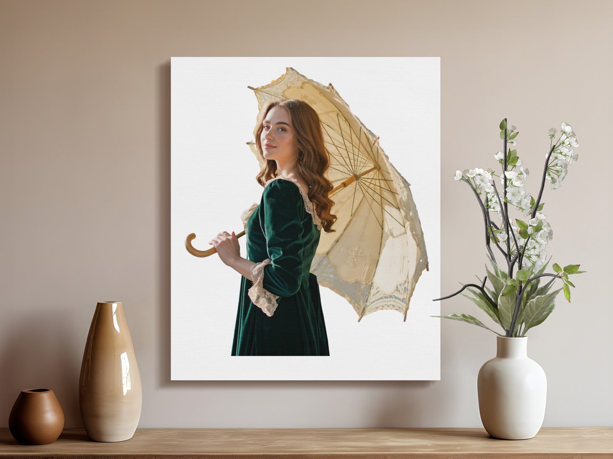 Woman in green velvet dress holding antique lace parasol, canvas art.