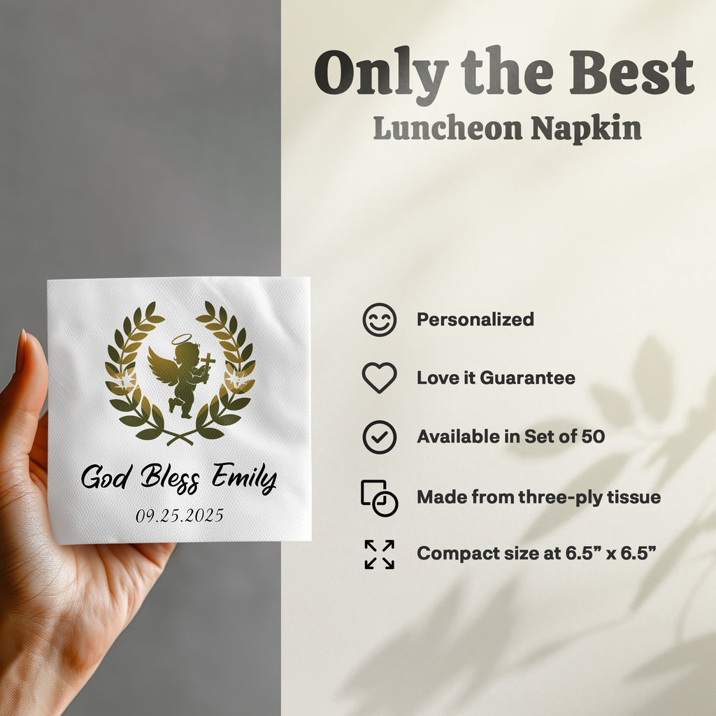 Luncheon napkin with "God Bless Emily" and date, gold wreath, and personalizing icons.