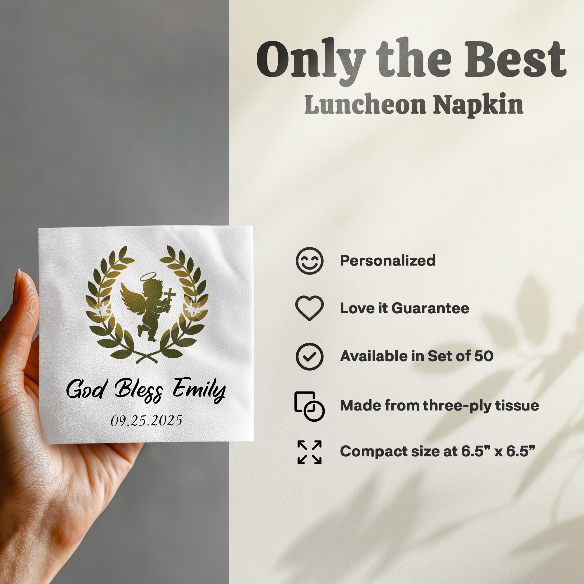 Luncheon napkin with "God Bless Emily" and date, gold wreath, and personalizing icons.