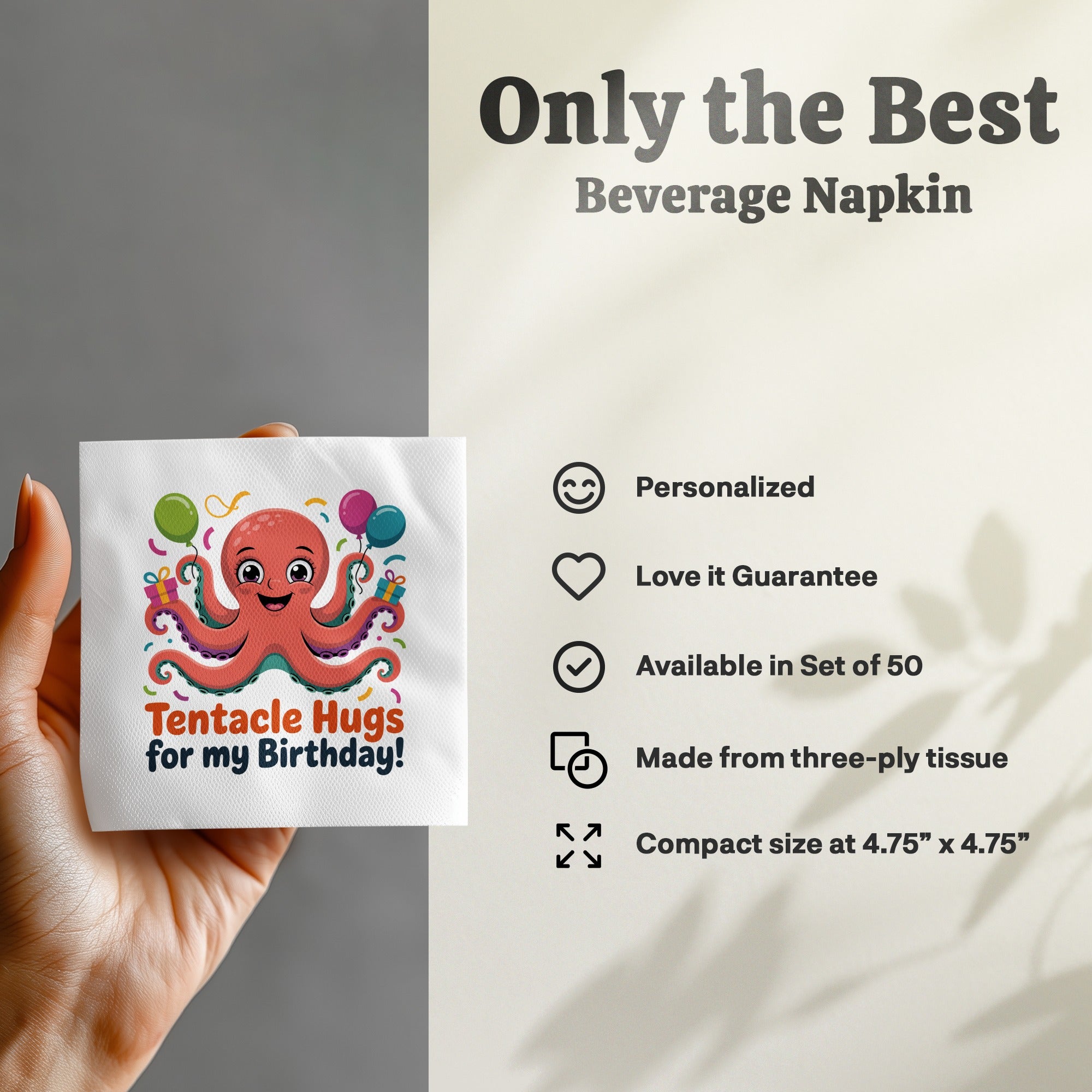 Octopus illustration on beverage napkin saying "Tentacle Hugs for my Birthday!".