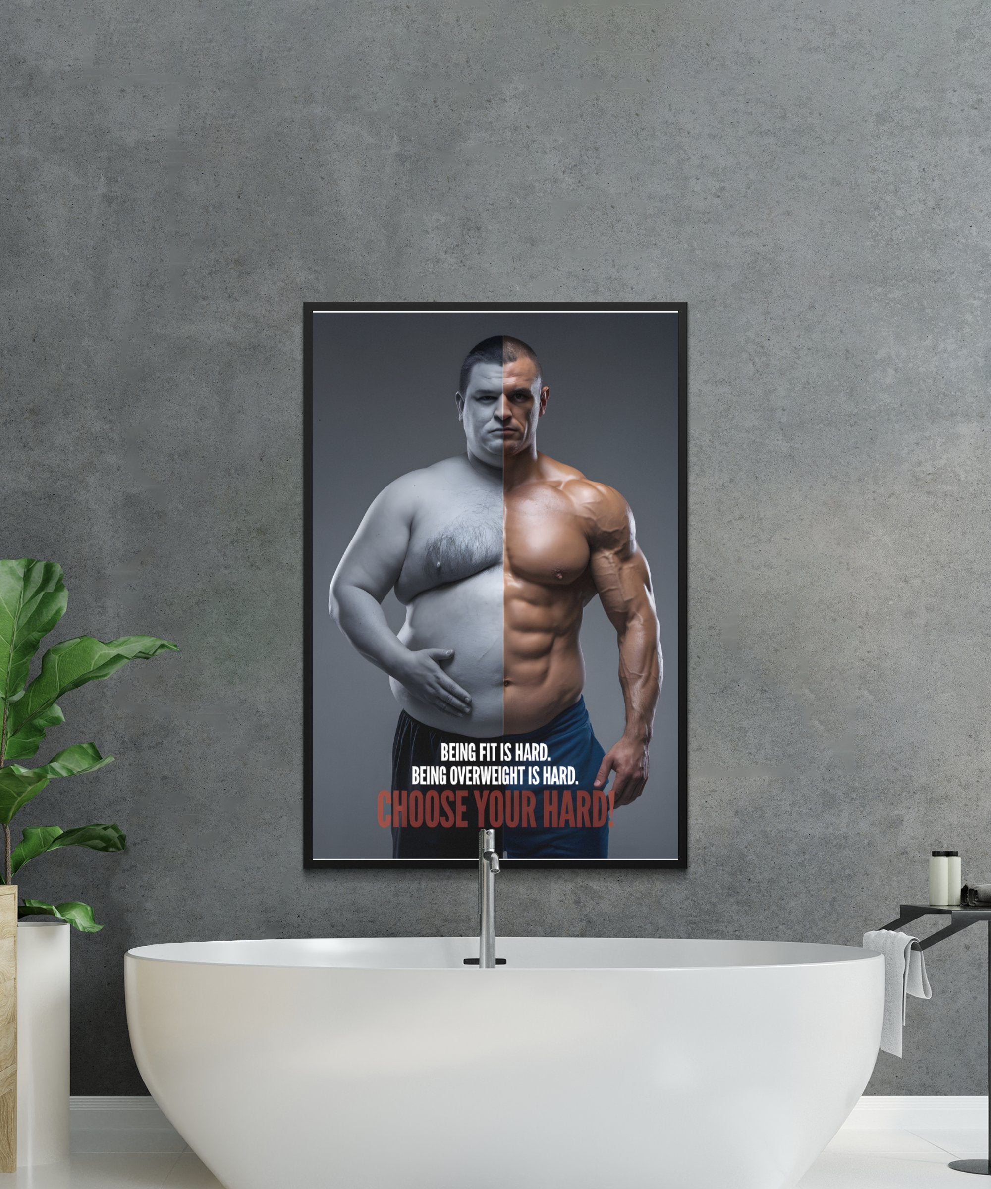 Poster with split image of overweight and muscular man, text "BEING FIT IS HARD. BEING OVERWEIGHT IS HARD. CHOOSE YOUR HARD."