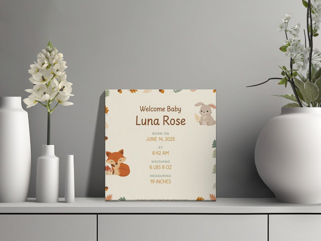 Baby Luna Rose birth announcement with fox and bunny, born June 14, 2025.