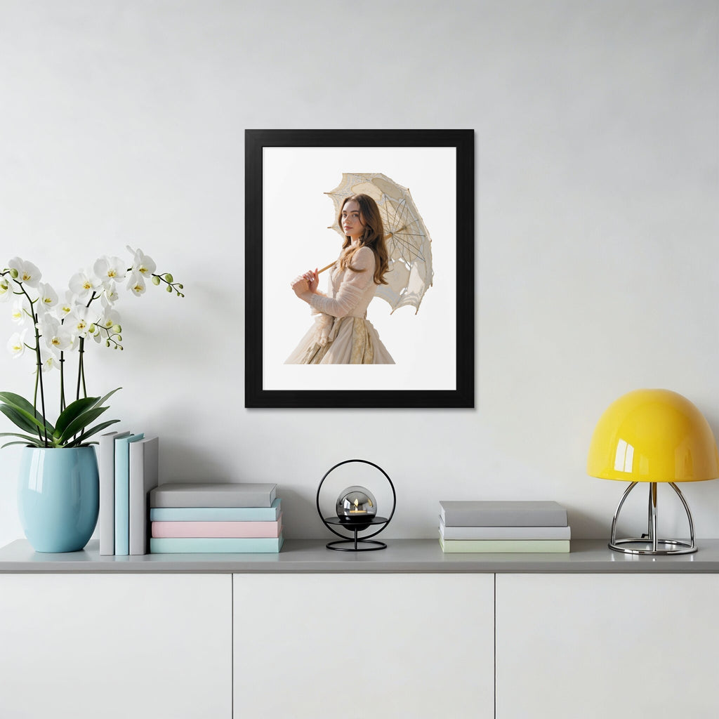 Woman in vintage dress holding an umbrella, framed print.