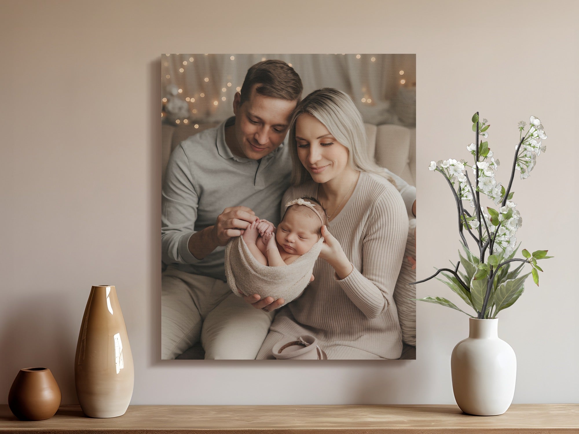 Parents holding newborn baby wrapped in blanket, decorated with fairy lights.
