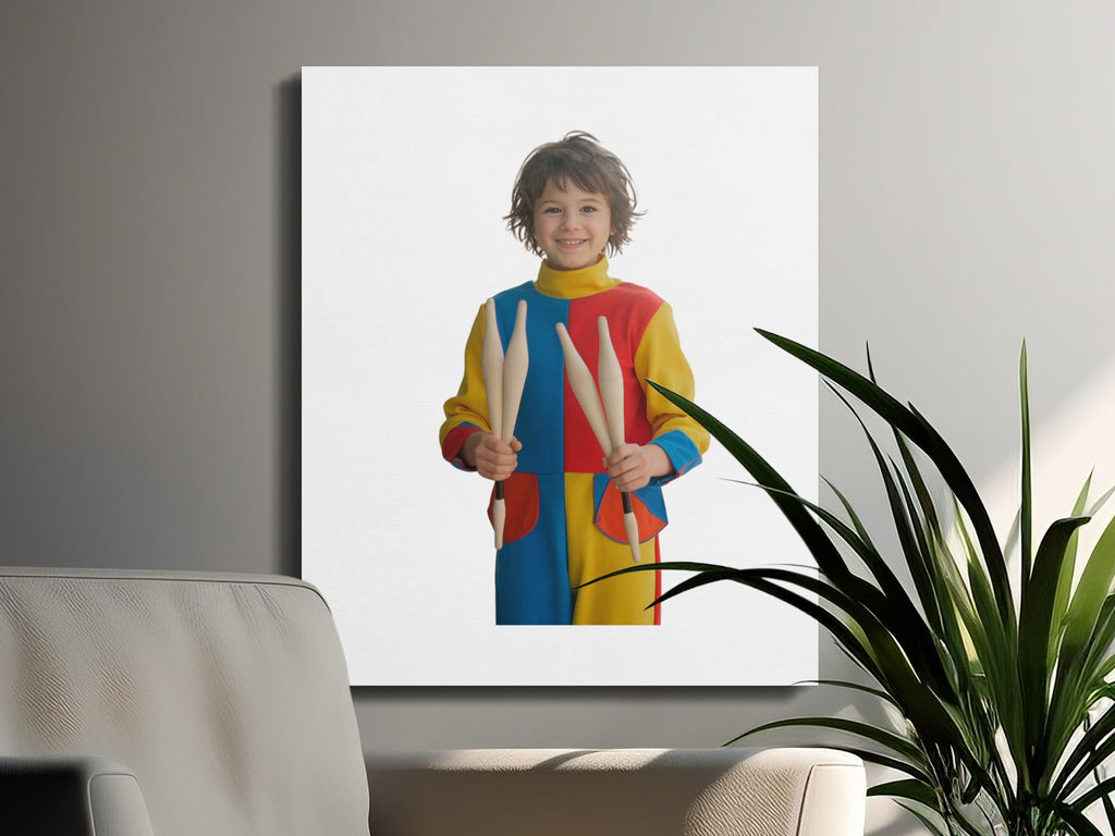 Child in colorful costume holding drumsticks, smiling.