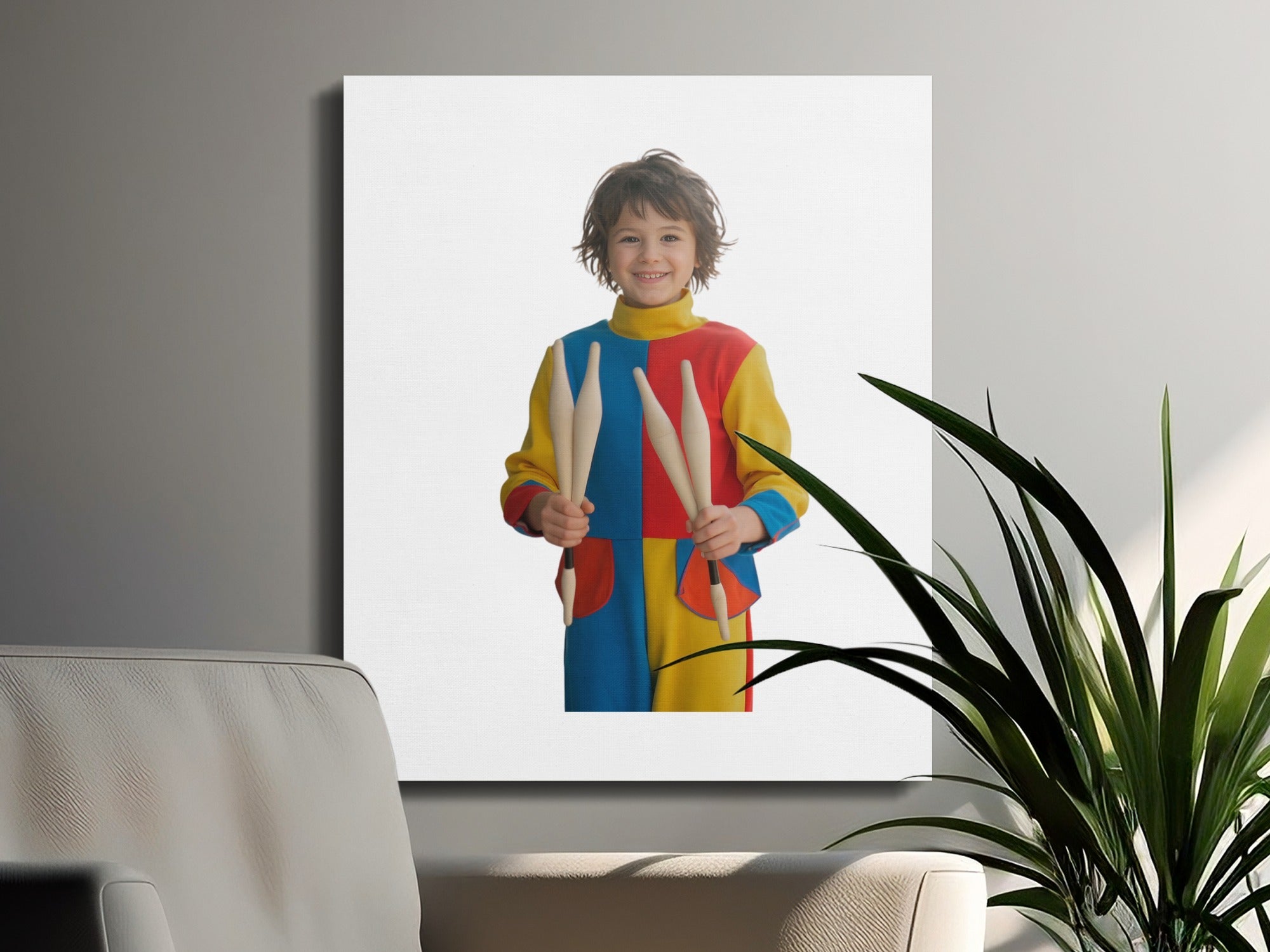 Child in colorful costume holding drumsticks, smiling.