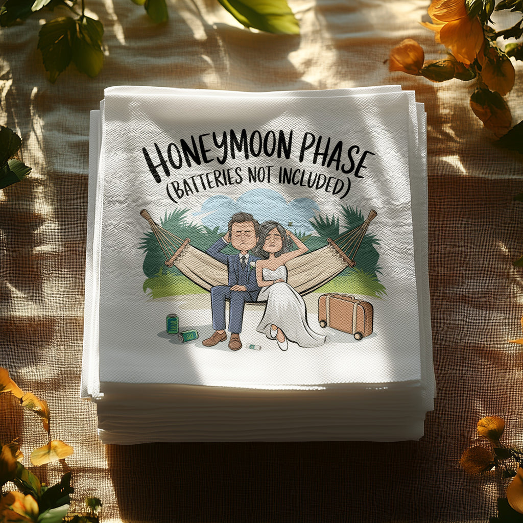 Wedding couple in hammock with text "Honeymoon Phase (Batteries Not Included)".