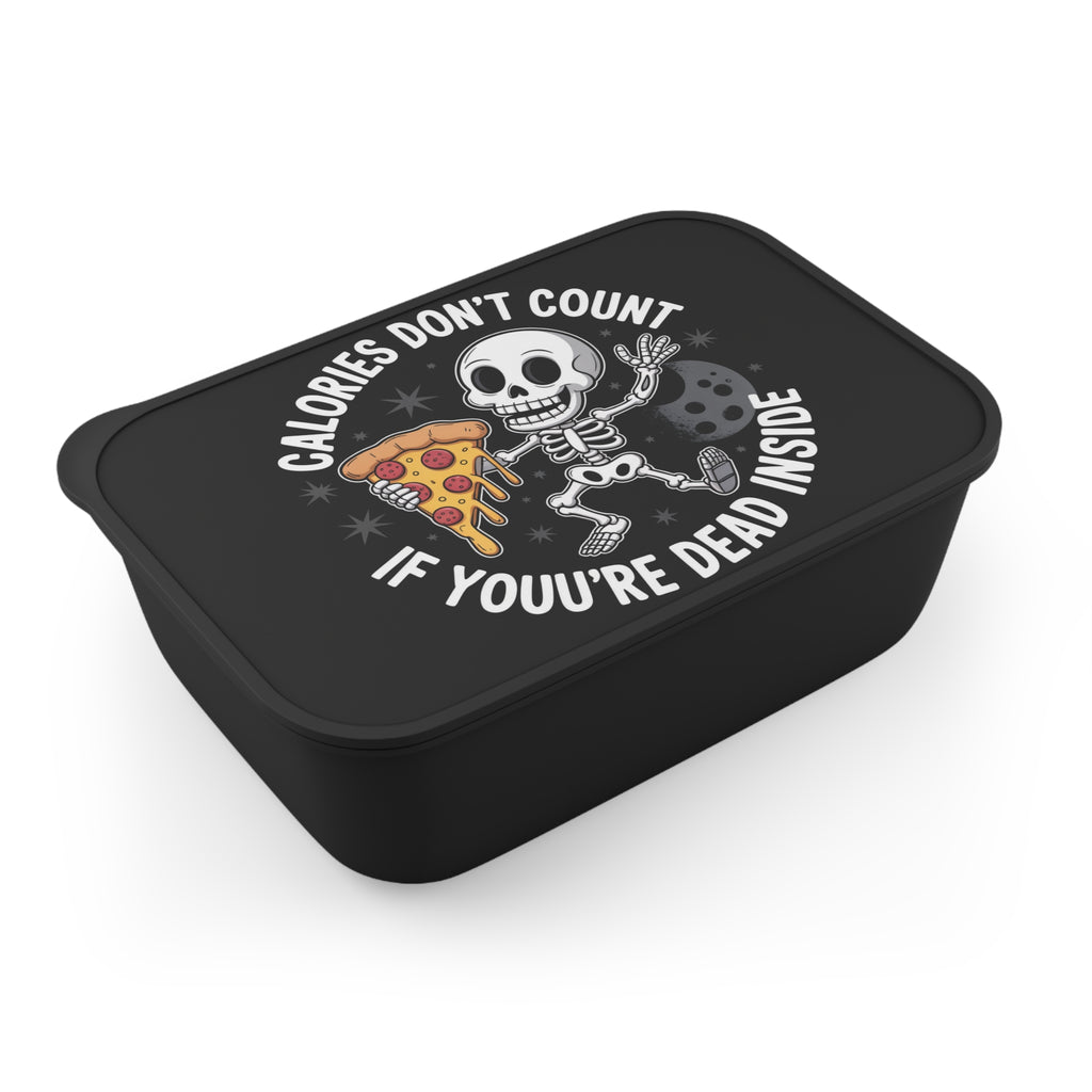 Black lunchbox with skeleton holding pizza and "Calories Don't Count If You're Dead Inside" text.