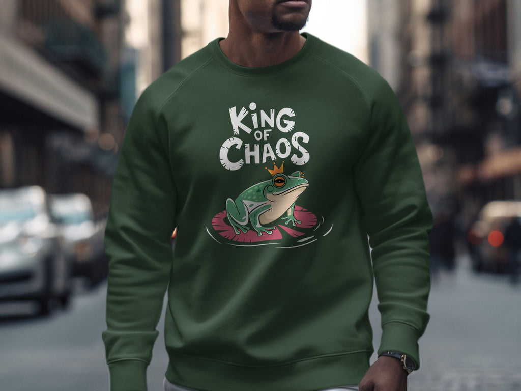 Green sweatshirt with "King of Chaos" text and a crowned frog on a lily pad.