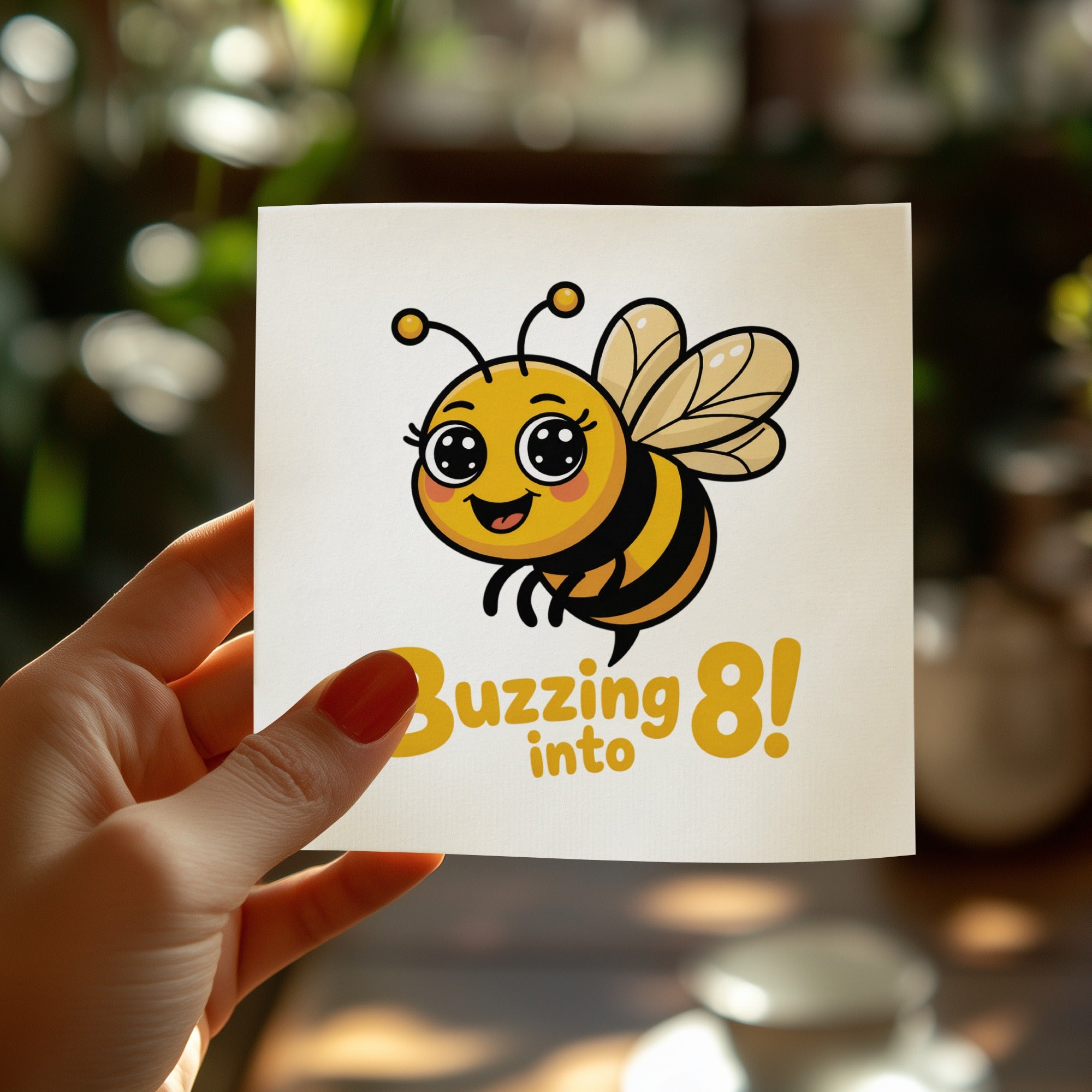 Card with a cartoon bee saying "Buzzing into 8!".