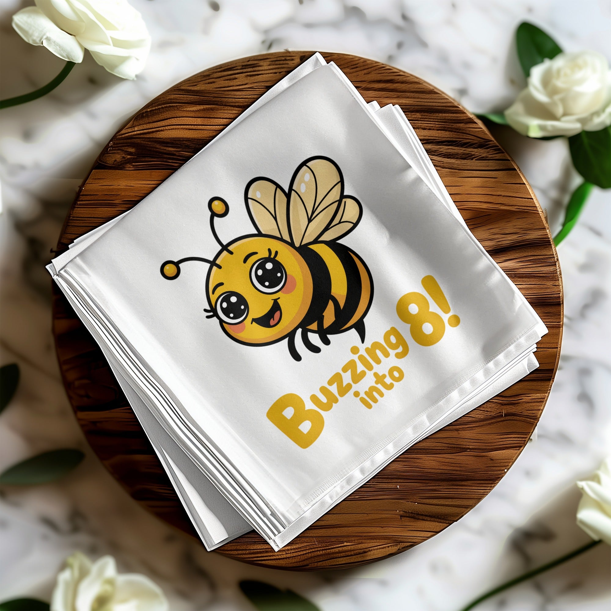 Cute cartoon bee with text "Buzzing 8!" on a white napkin.
