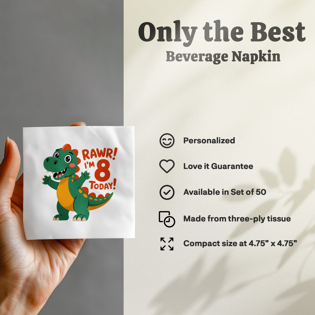 Beverage napkin with a green dinosaur saying "Rawr! I'm 8 Today!".