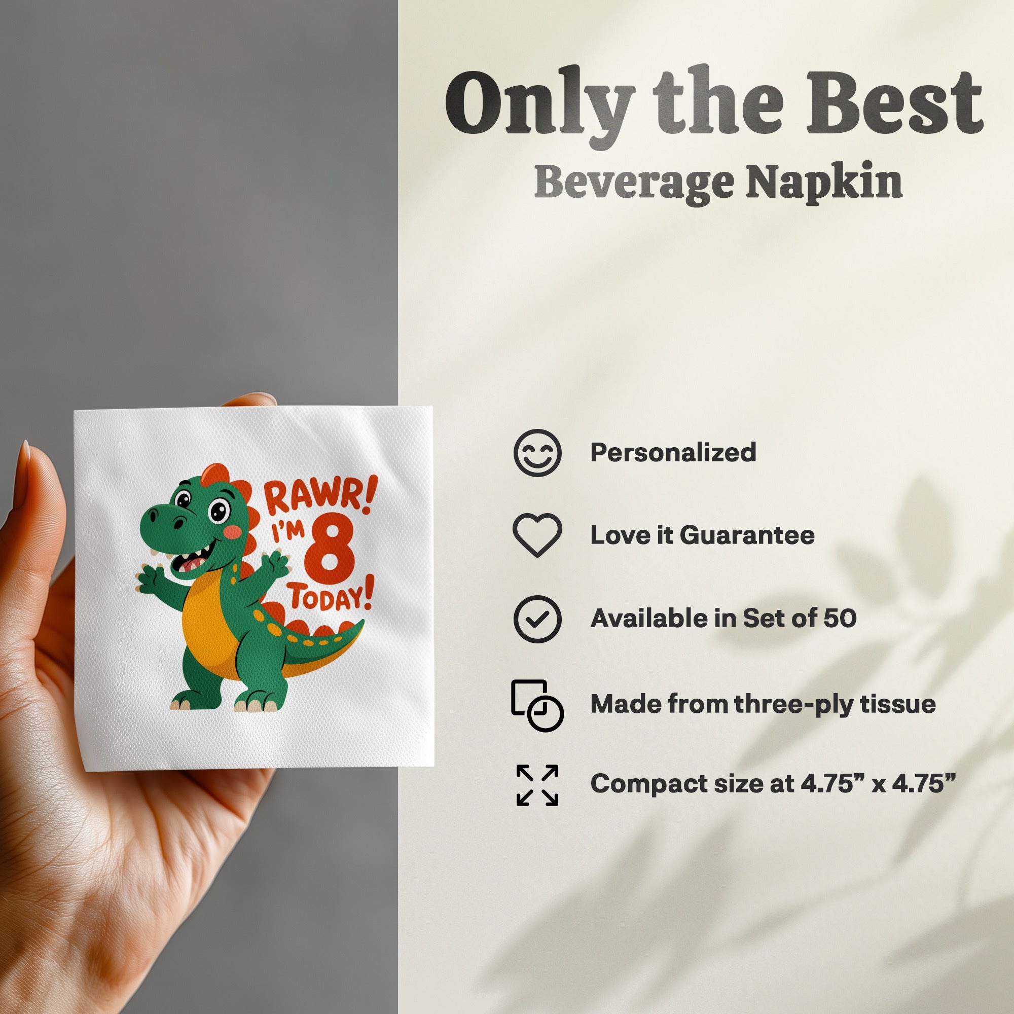 Beverage napkin with a green dinosaur saying "Rawr! I'm 8 Today!".