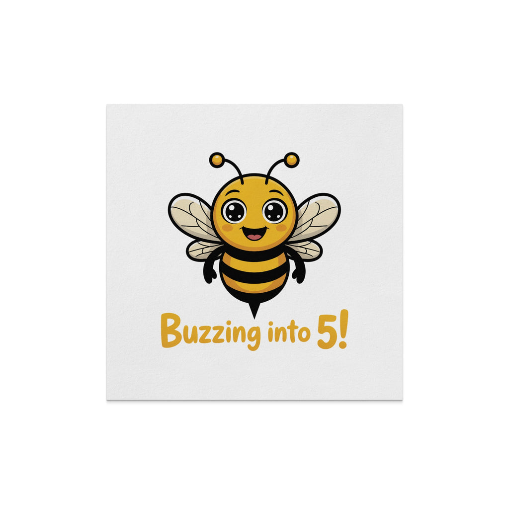 Cute cartoon bee with "Buzzing into 5!" text.