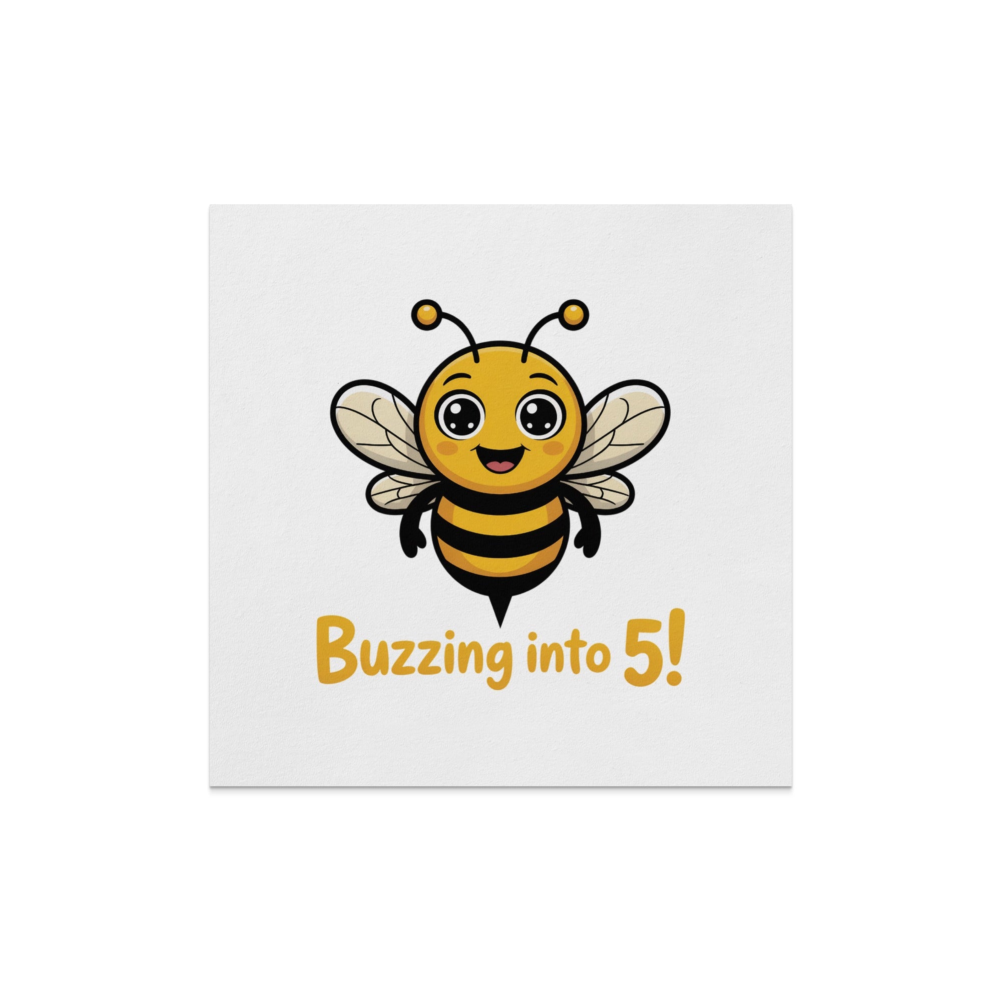 Cute cartoon bee with "Buzzing into 5!" text.