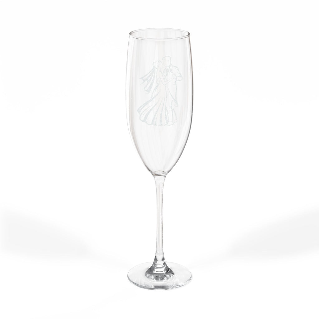 Clear champagne flute with etched silhouette of a dancing couple.