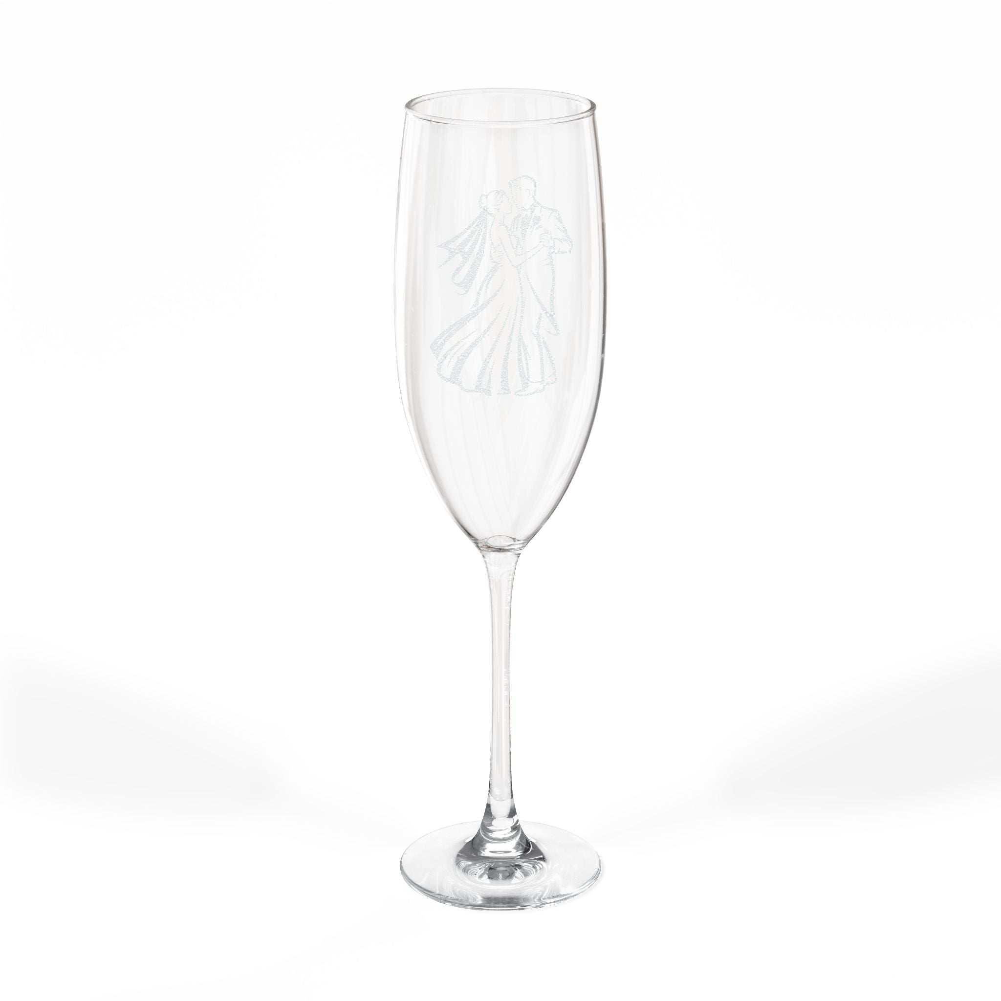 Clear champagne flute with etched silhouette of a dancing couple.