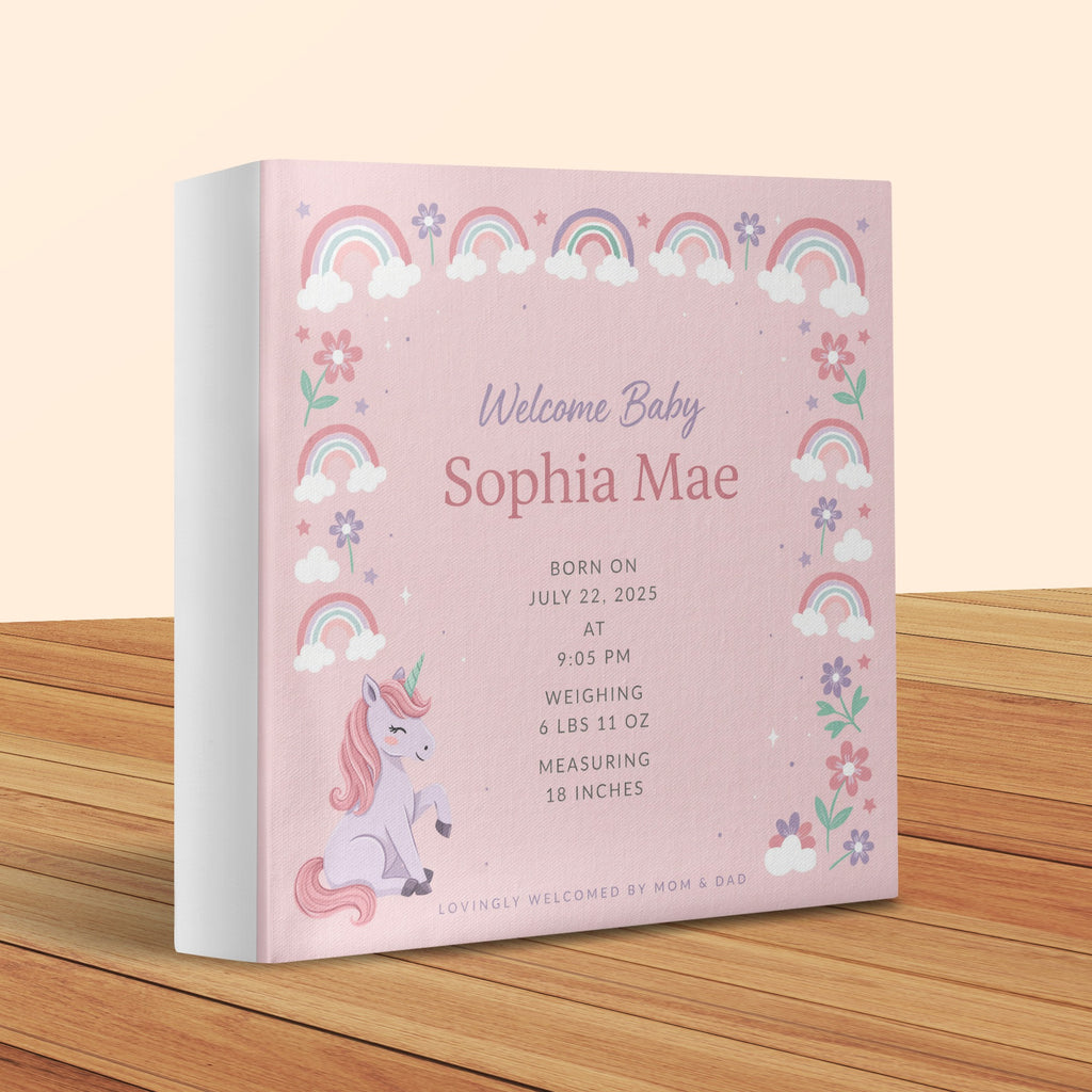 Baby Sophia Mae welcome card with unicorn, rainbows, and birth details.