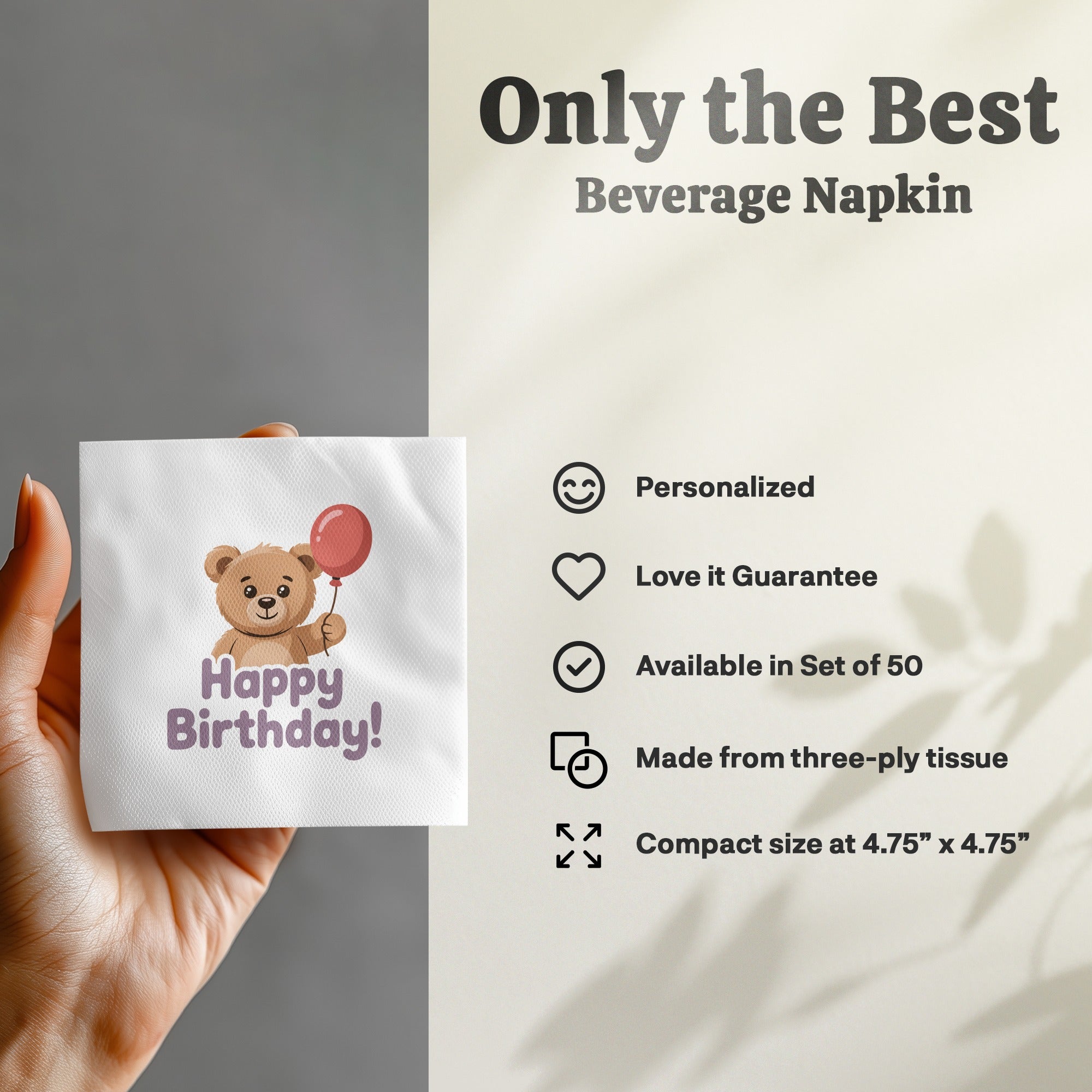 Beverage napkin with a teddy bear holding a red balloon and "Happy Birthday!" text.