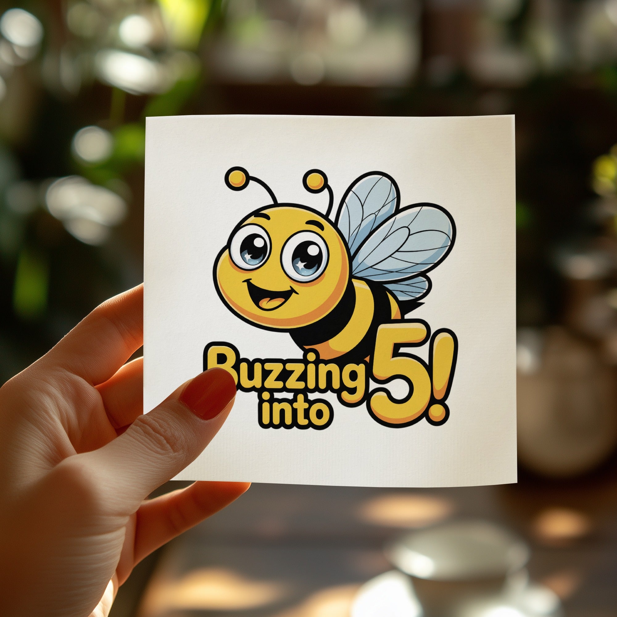 Cartoon bee with "Buzzing into 5!" text on a white card held by a hand.