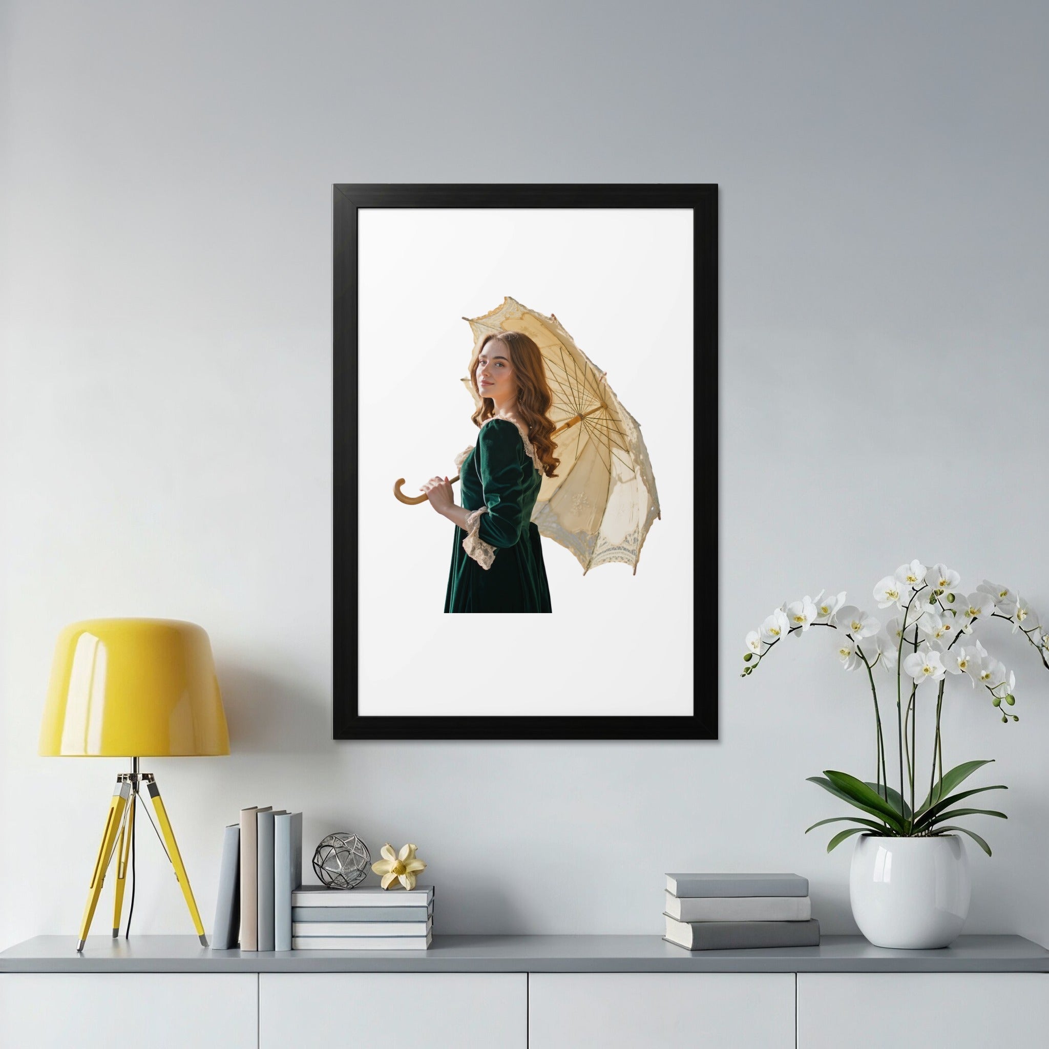 Woman in green velvet dress holding a lace parasol, white orchids on shelf.