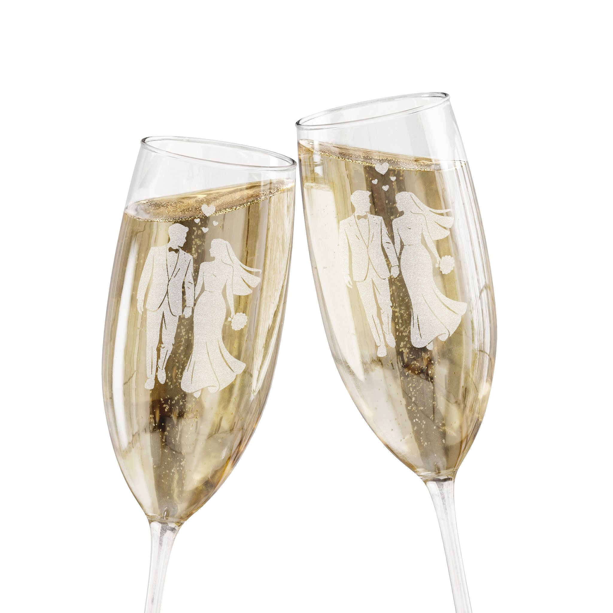 Champagne flutes etched with silhouettes of a bride and groom toasting.