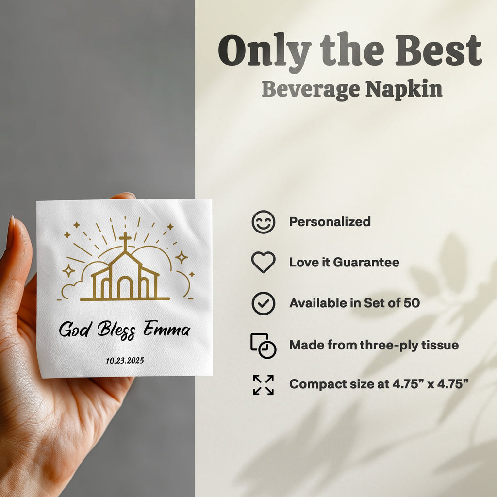 Beverage napkin with "God Bless Emma" and a date, featuring product features.