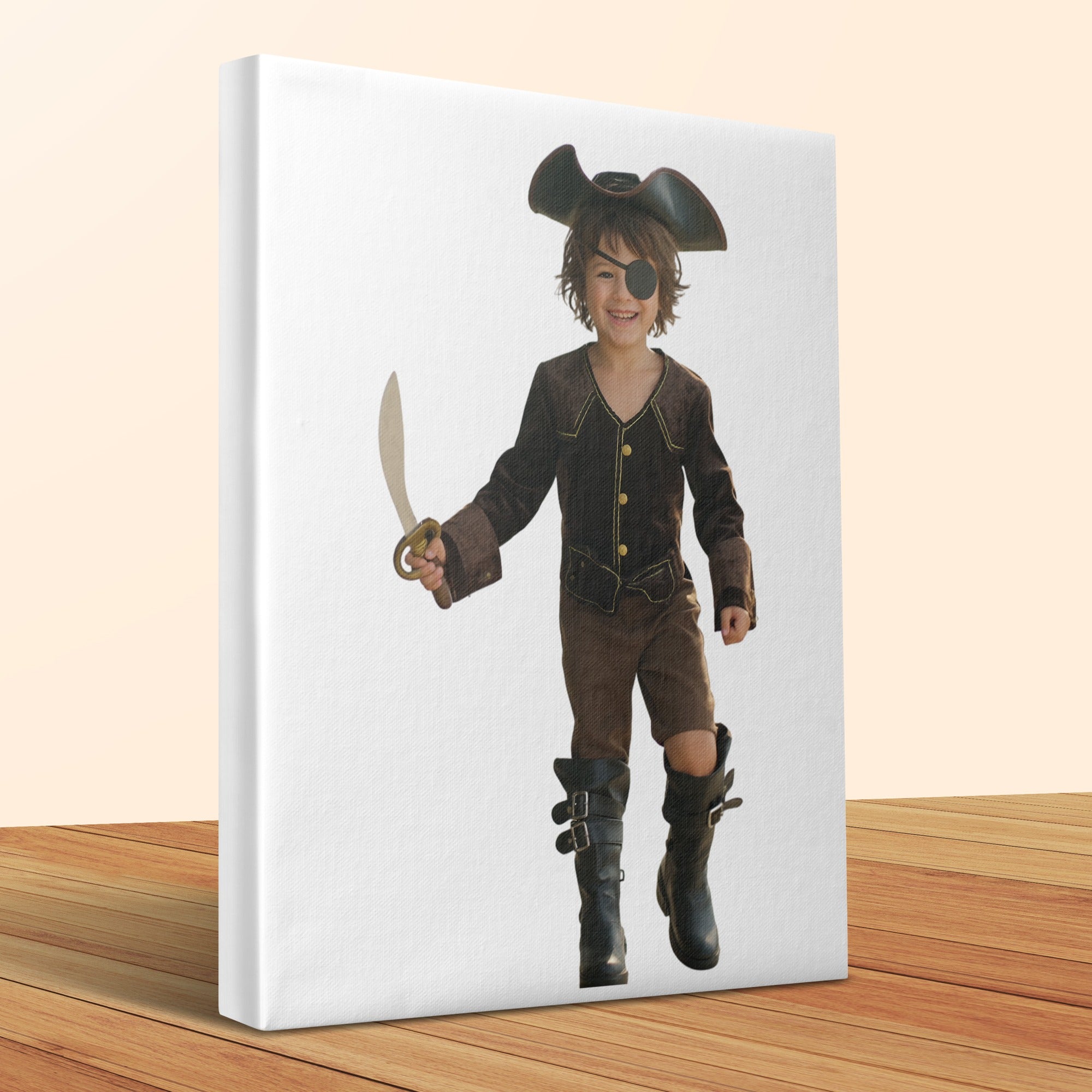 Child in pirate costume holding toy sword, wearing eye patch and hat.