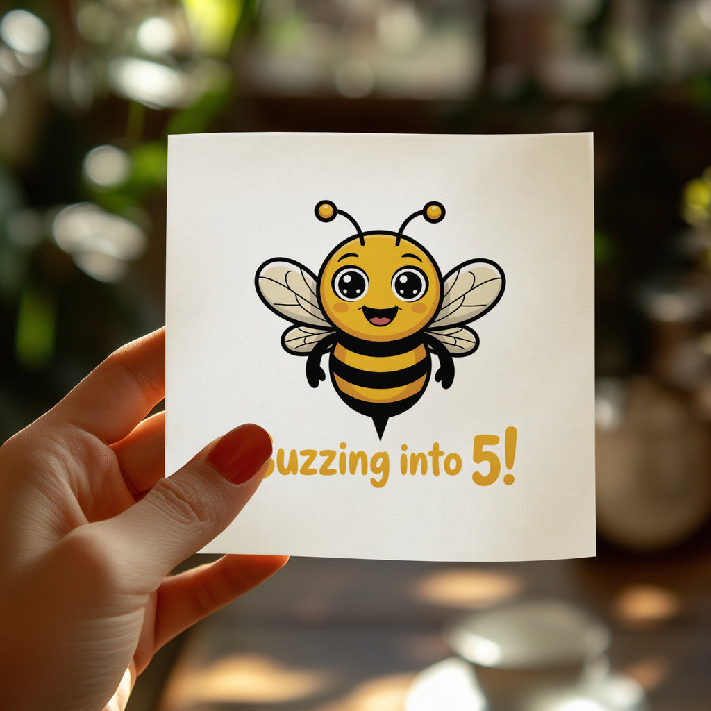 Cute cartoon bee on a card saying "buzzing into 5!"