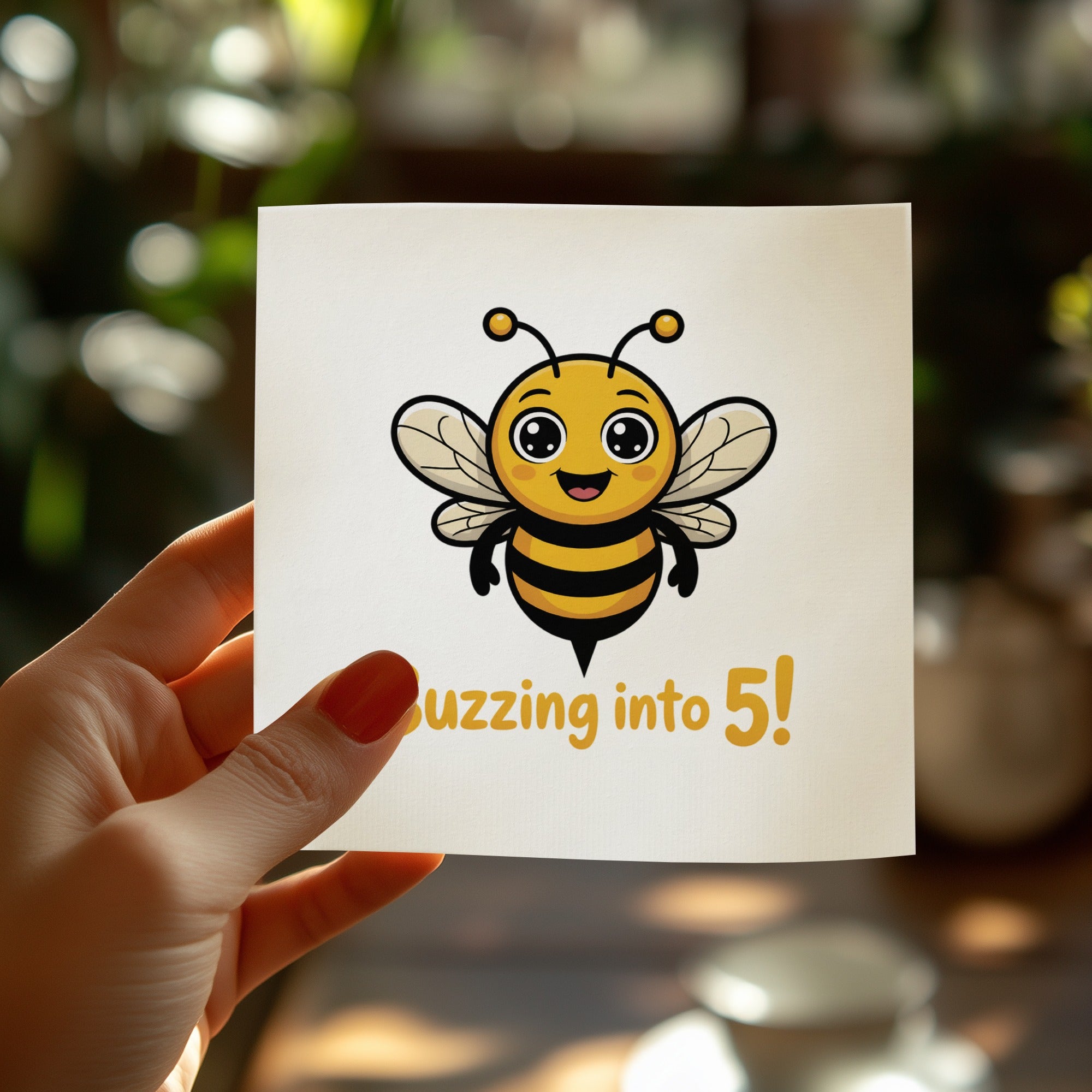Cute cartoon bee on a card saying "buzzing into 5!"