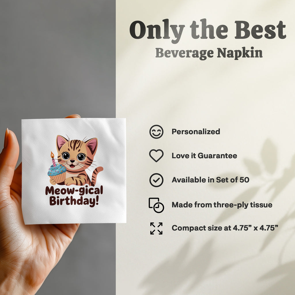 Beverage napkin with a cartoon cat and "Meow-gical Birthday!" text.