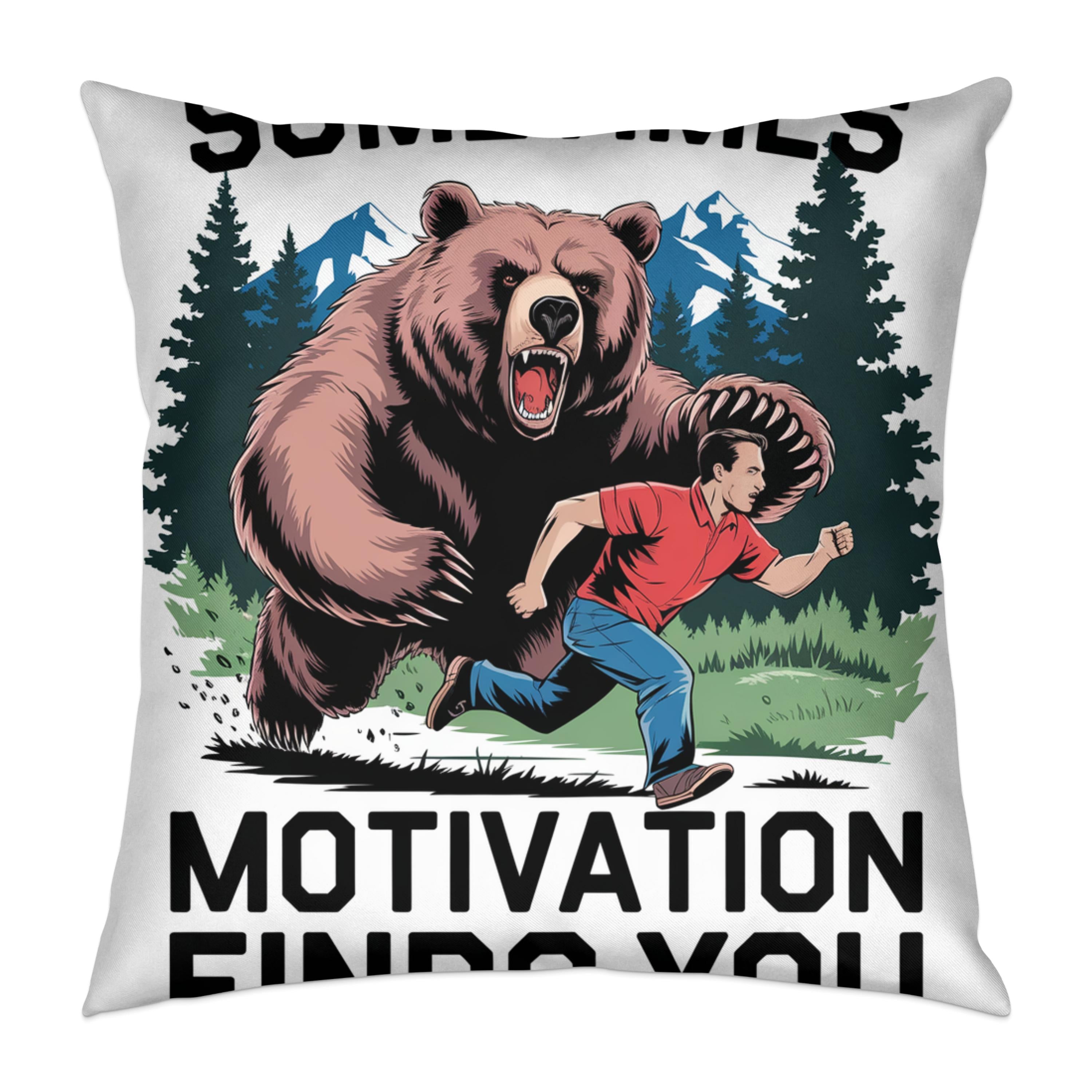 Man running from a bear with text "SOMETHING MOTIVATION FINDS YOU".