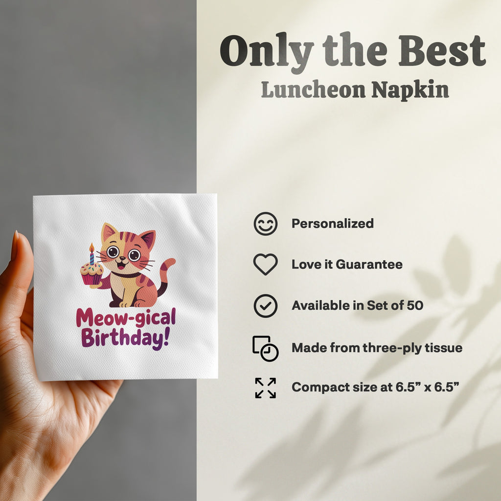Napkin with cat, cupcake, and "Meow-gical Birthday!" text.