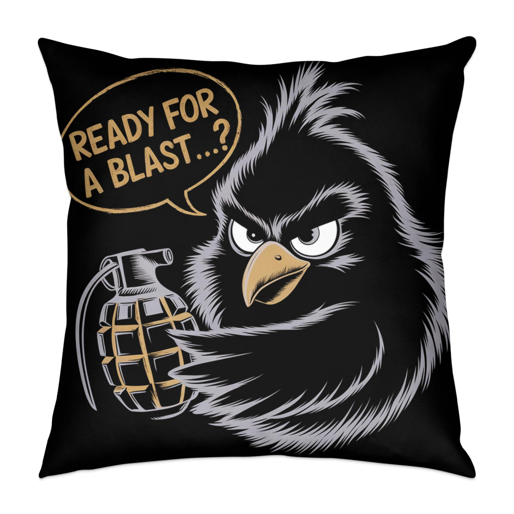 Angry bird character holding a grenade with "Ready for a blast...?" speech bubble.