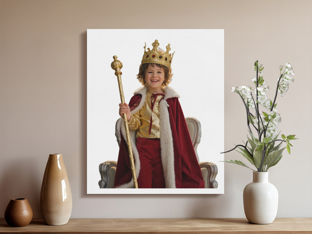 Child king in crown and red cape sits on throne holding scepter.