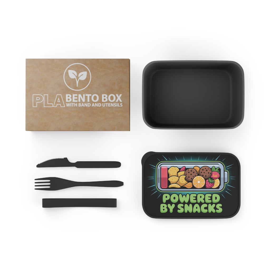PLA Bento Box with band and utensils and food illustration.