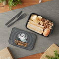 Halloween lunchbox with ghost graphic and text, filled with sandwich, cheese, and nuts.