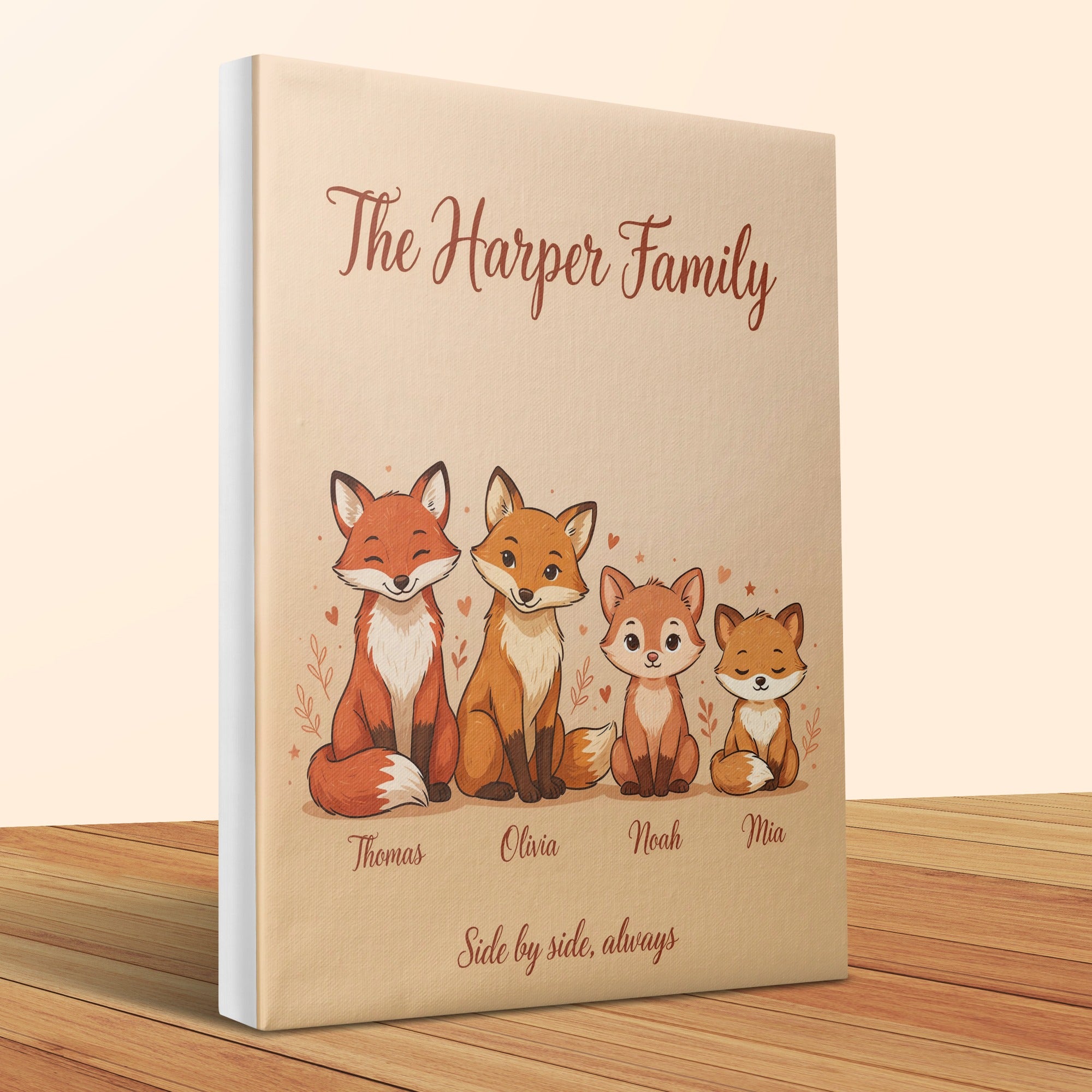 The Harper Family canvas print features four cartoon foxes with names Thomas, Olivia, Noah, and Mia.