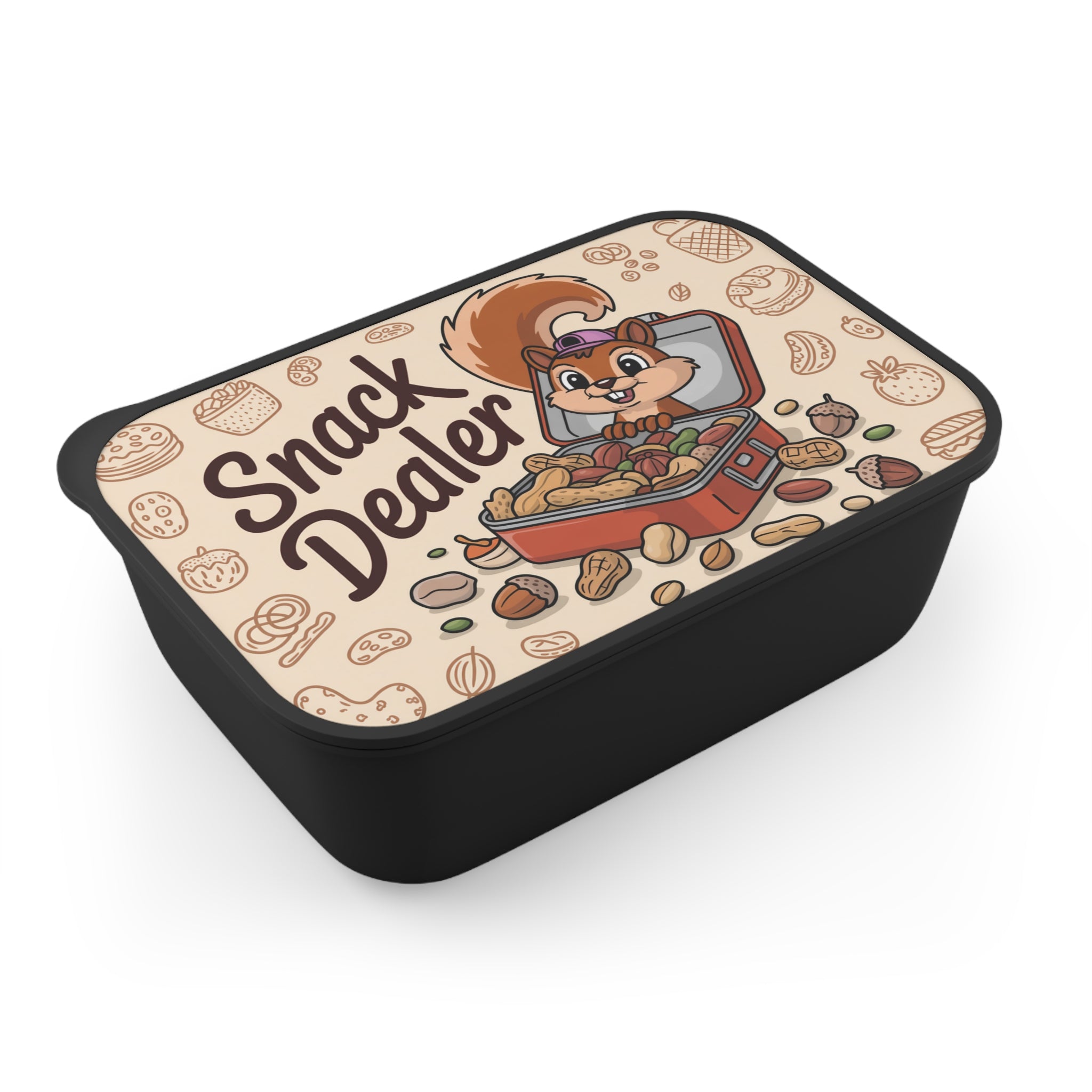 Black snack container with a cartoon squirrel opening a lunchbox filled with nuts.