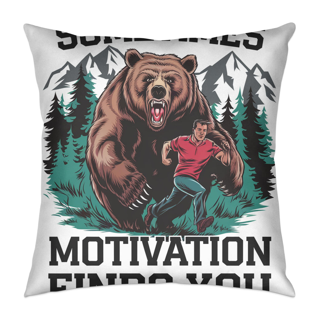 Man running from bear with mountains and trees, "Motivation finds you" text.