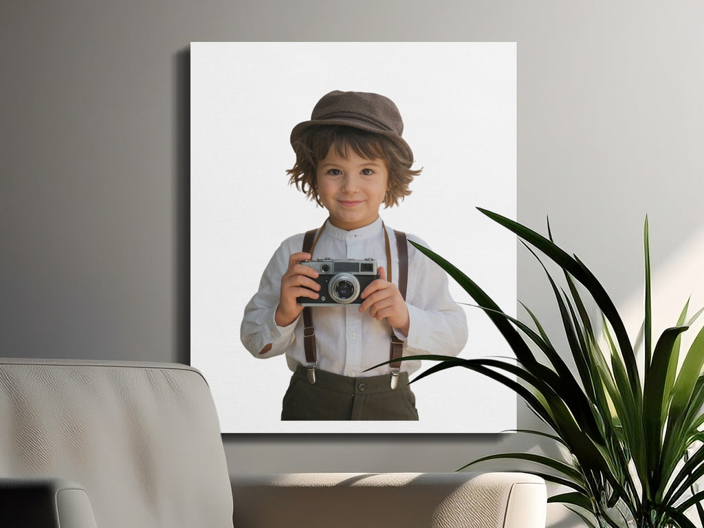 Boy in hat and suspenders holds vintage camera, on canvas.